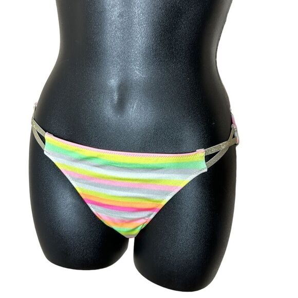 Victoria’s Secret satin striped colorful strappy hip bikini bottom small - Picture 1 of 6